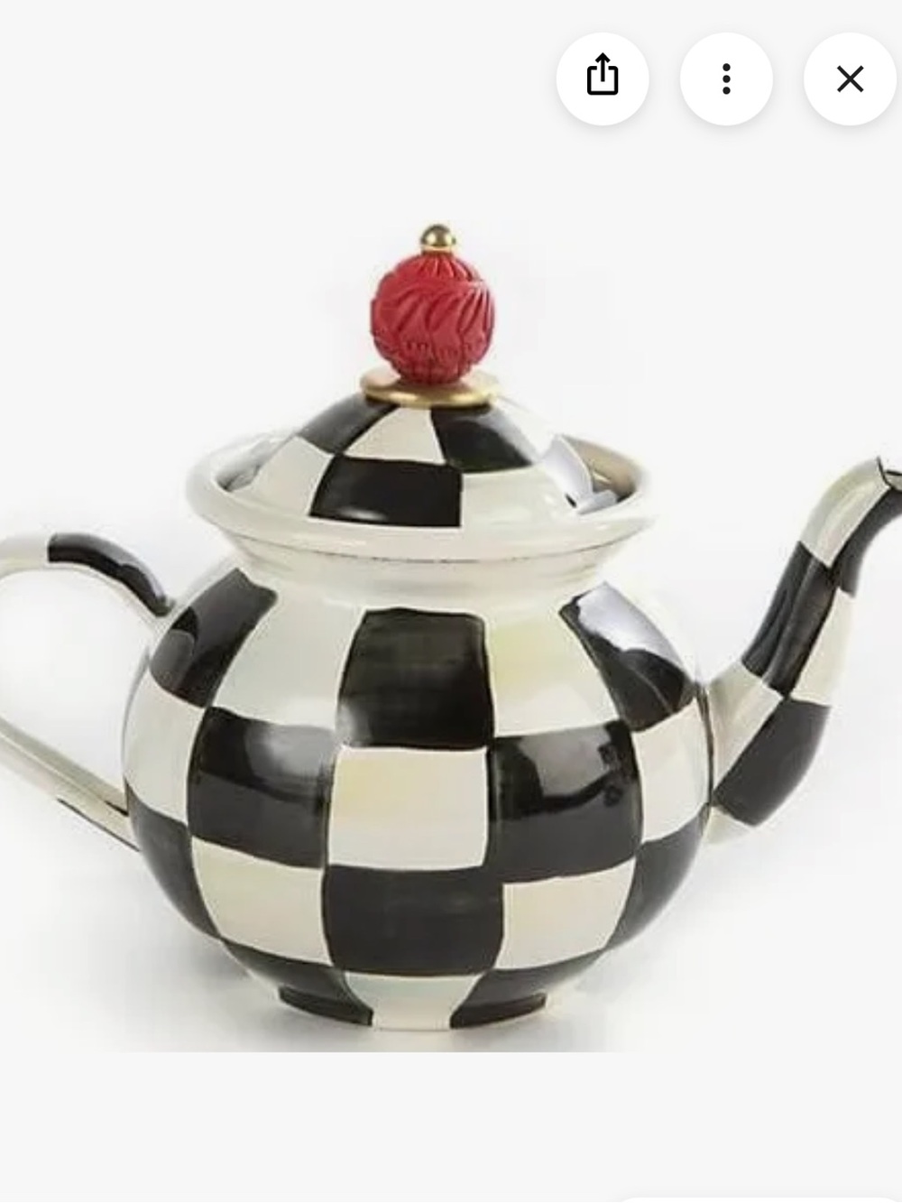 MacKenzie-Childs Courtly Check Enamel Tea For Me Pot Teapot with Red Knob NWT